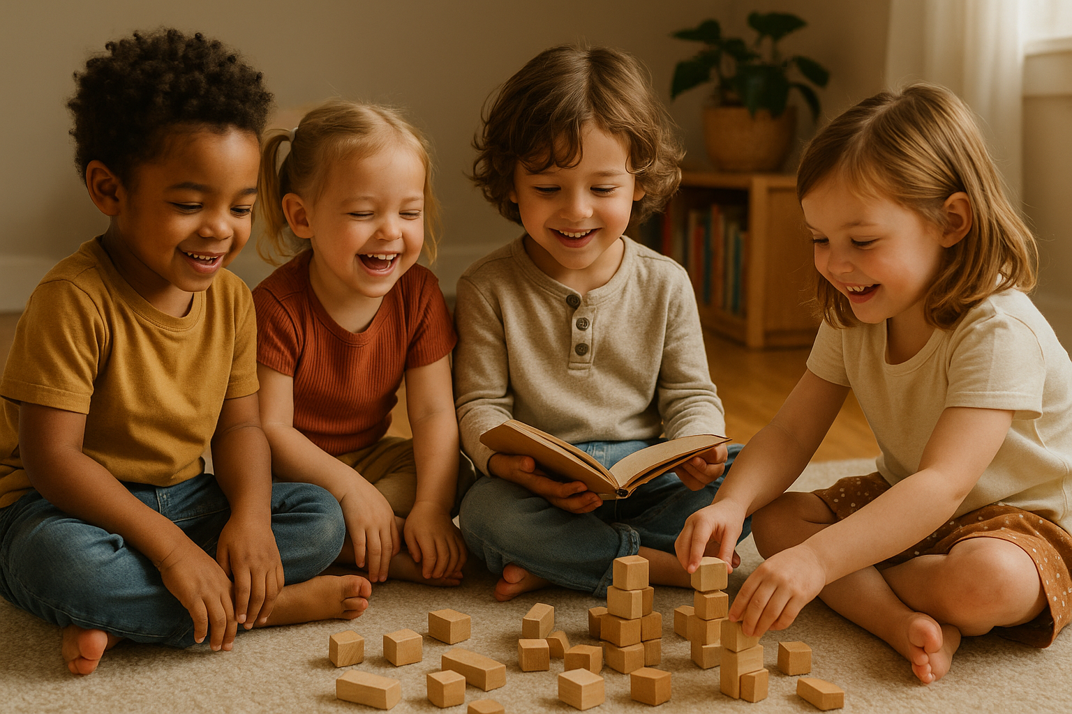 Children practicing social skills and teamwork with educational toys for 4+ school assessment preparation