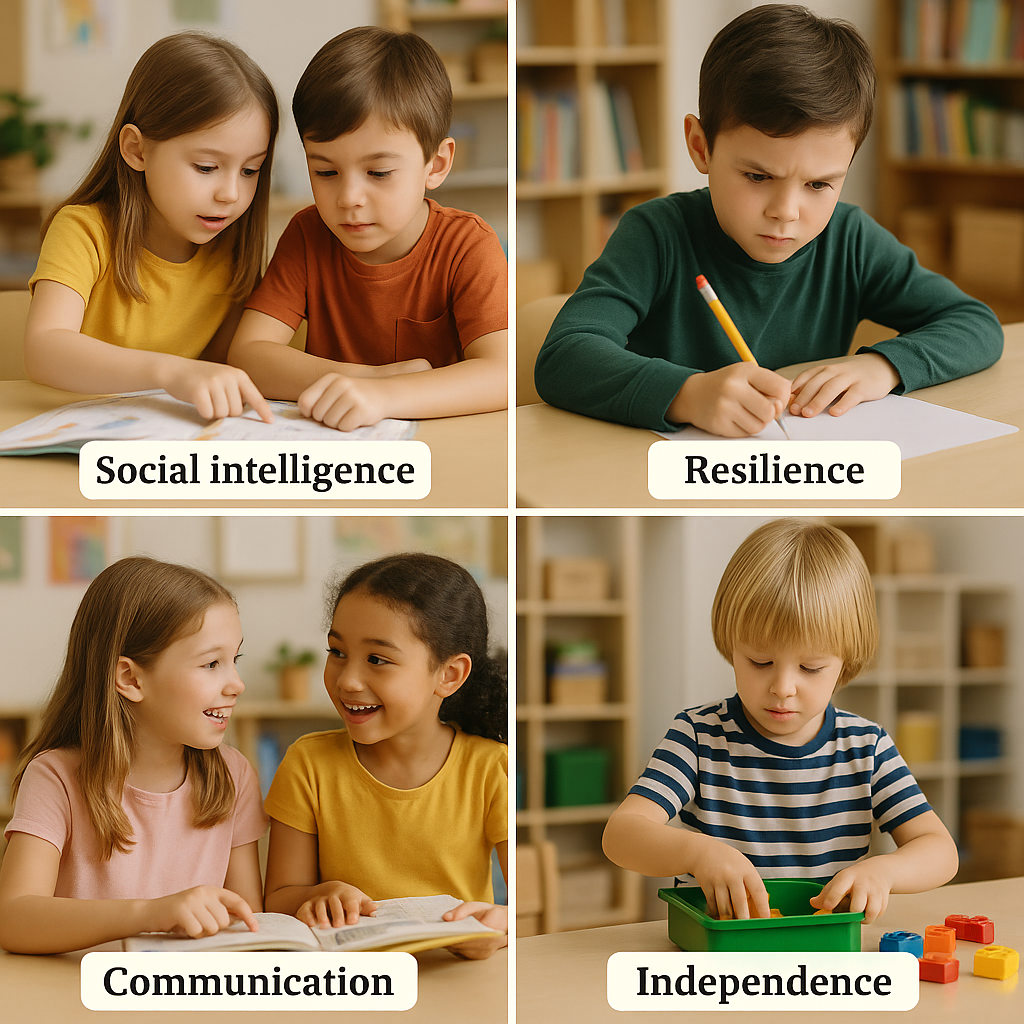 Two preschool children work together at a small table, one child patiently showing the other how to complete a matching activity, both smiling with engagement