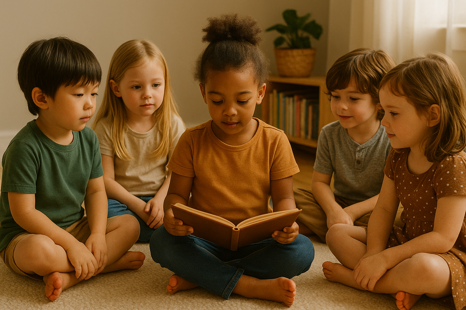 Six children sit in a circle on a patterned carpet during story time, some raising their hands eagerly while others listen with rapt attention to their teacher