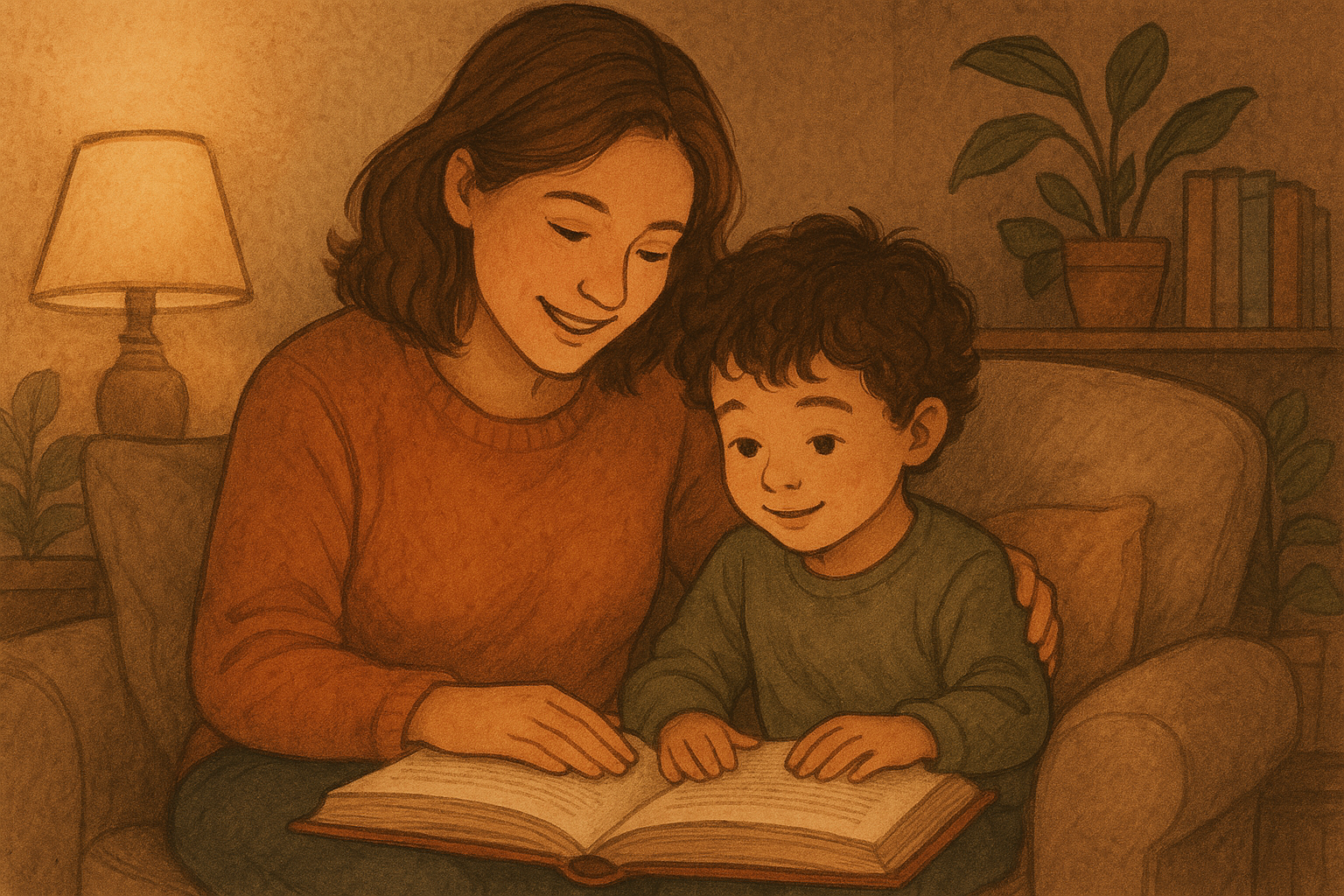 "Parent and child reading together on sofa, supporting 7+ exam preparation at home"