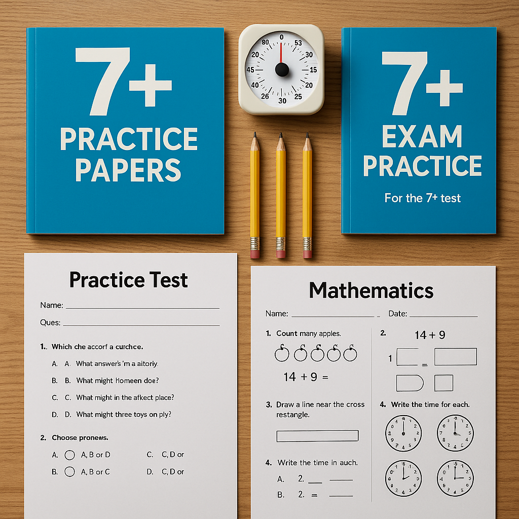 7+ Guide Sample 7+ exam paper showing age-appropriate questions with colorful illustrations for young children
