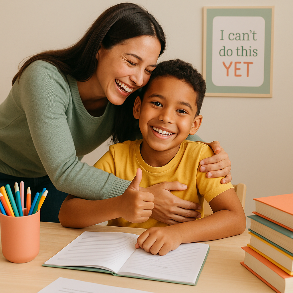 Confident 6-year-old giving thumbs up after completing 7+ practice exercise successfully
