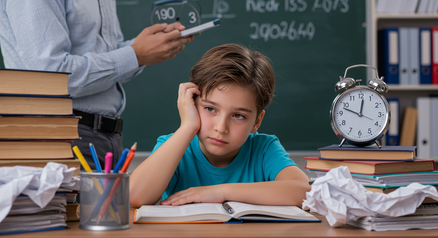 A confident student working independently at a tidy study station. Their posture is upright and focused, with a completed task or practice sheet in front of them and a small progress tracker nearby (symbolic, not legible). The lighting is natural and bright, suggesting self-assurance and calm readiness.