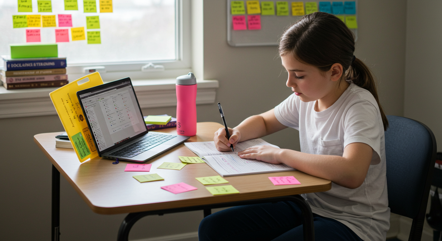 A student marking or moving colourful icons on a magnetic or visual timetable while a parent helps adjust pieces in a calm, collaborative way. The background includes both academic tools and relaxing items (like a book for fun reading or a small plant). Mood is thoughtful and steady.
