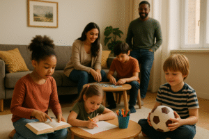 A warm, sunlit living room scene showing a diverse family of five. When kids complain they are bored. Two girls sit in the foreground reading and drawing, while two boys nearby play with a football and a puzzle. The parents watch supportively in the background, smiling, creating a calm and engaged family atmosphere.