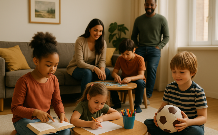 A warm, sunlit living room scene showing a diverse family of five. When kids complain they are bored. Two girls sit in the foreground reading and drawing, while two boys nearby play with a football and a puzzle. The parents watch supportively in the background, smiling, creating a calm and engaged family atmosphere.