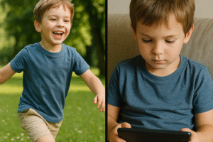 Manage screen time. boy paying in garden compared with boy playing on a screen