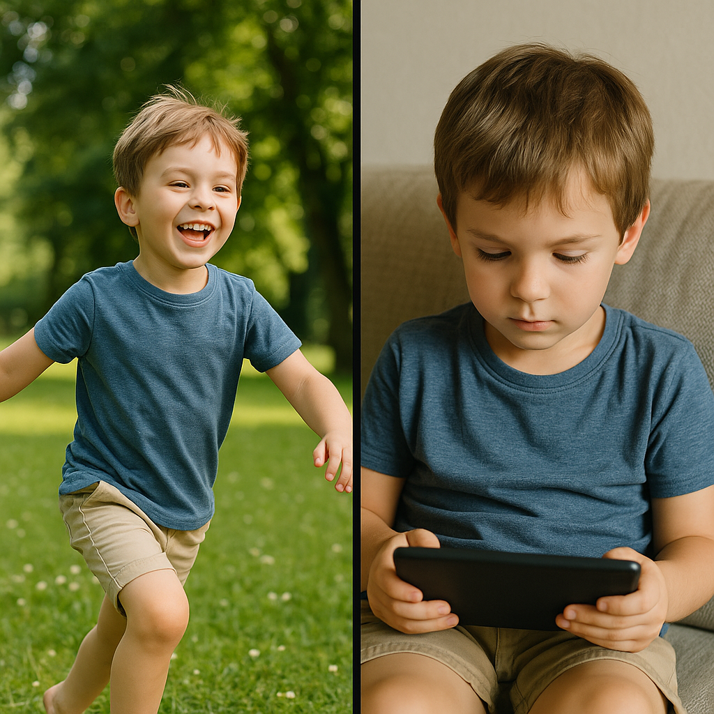 Manage screen time. boy paying in garden compared with boy playing on a screen