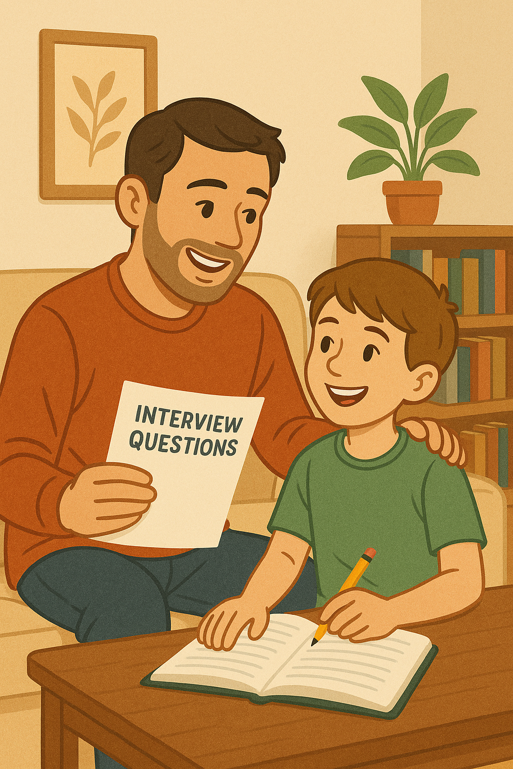 Illustration of a smiling father and son sitting together in a cozy living room, practicing 11+ interview questions. The father holds a paper labeled 'Interview Questions' while the son writes in a notebook, both appearing relaxed and engaged