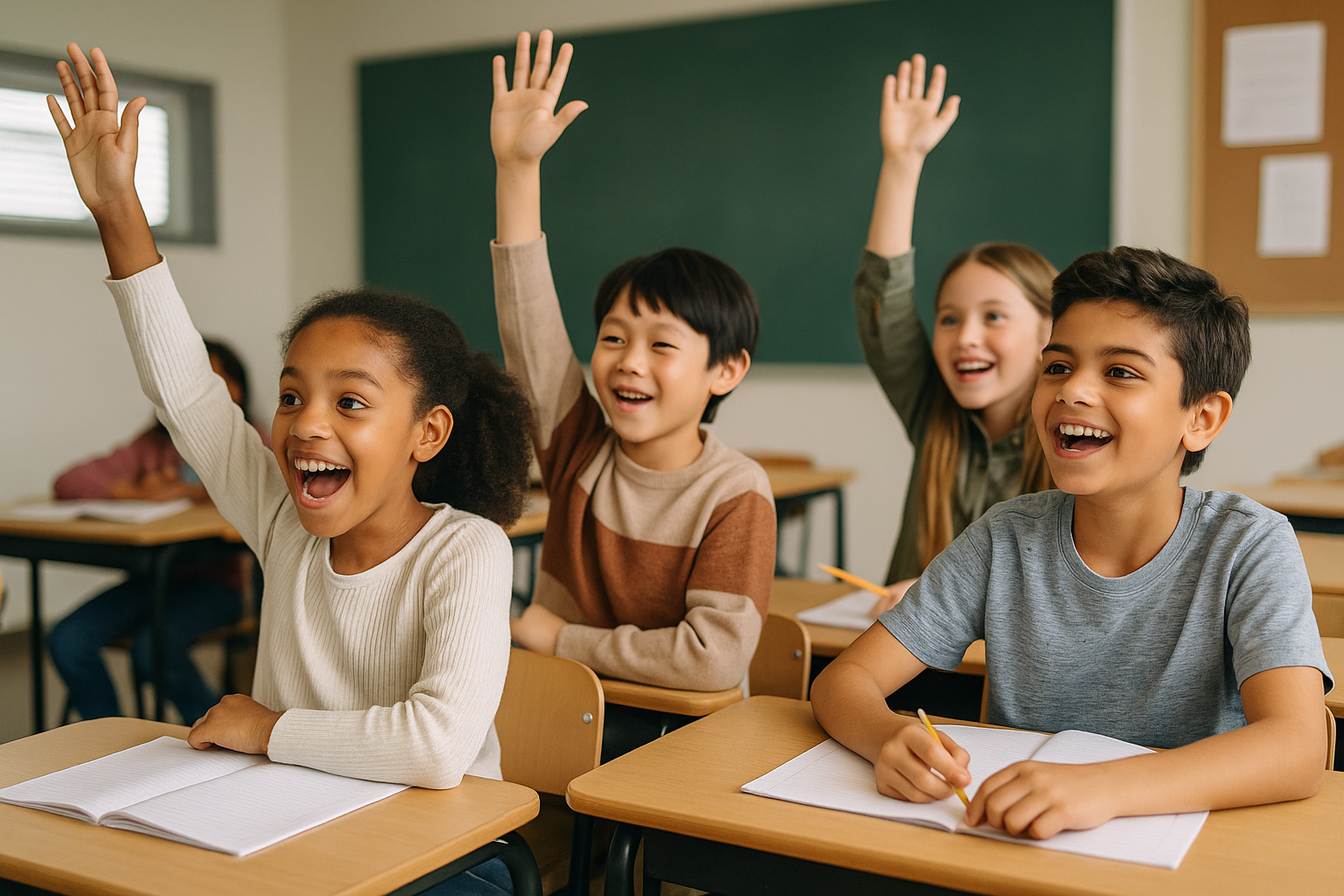 Diverse group of enthusiastic primary school children raising hands in classroom, actively participating in learning