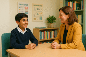 teacher interviewing child for secondary school entrance
