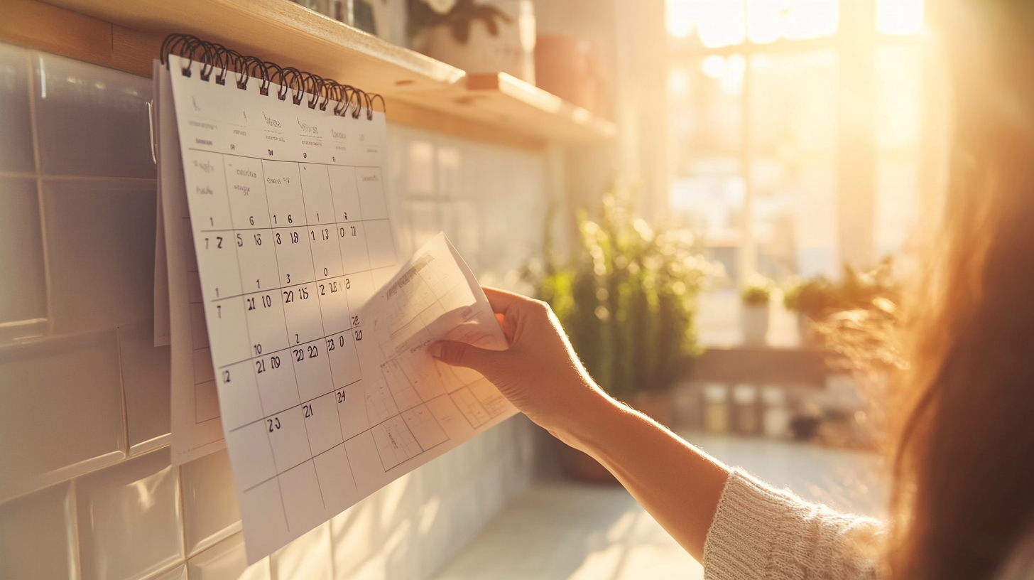A parent's hand turning a calendar page, suggesting the long lead time on 4+ school registration.