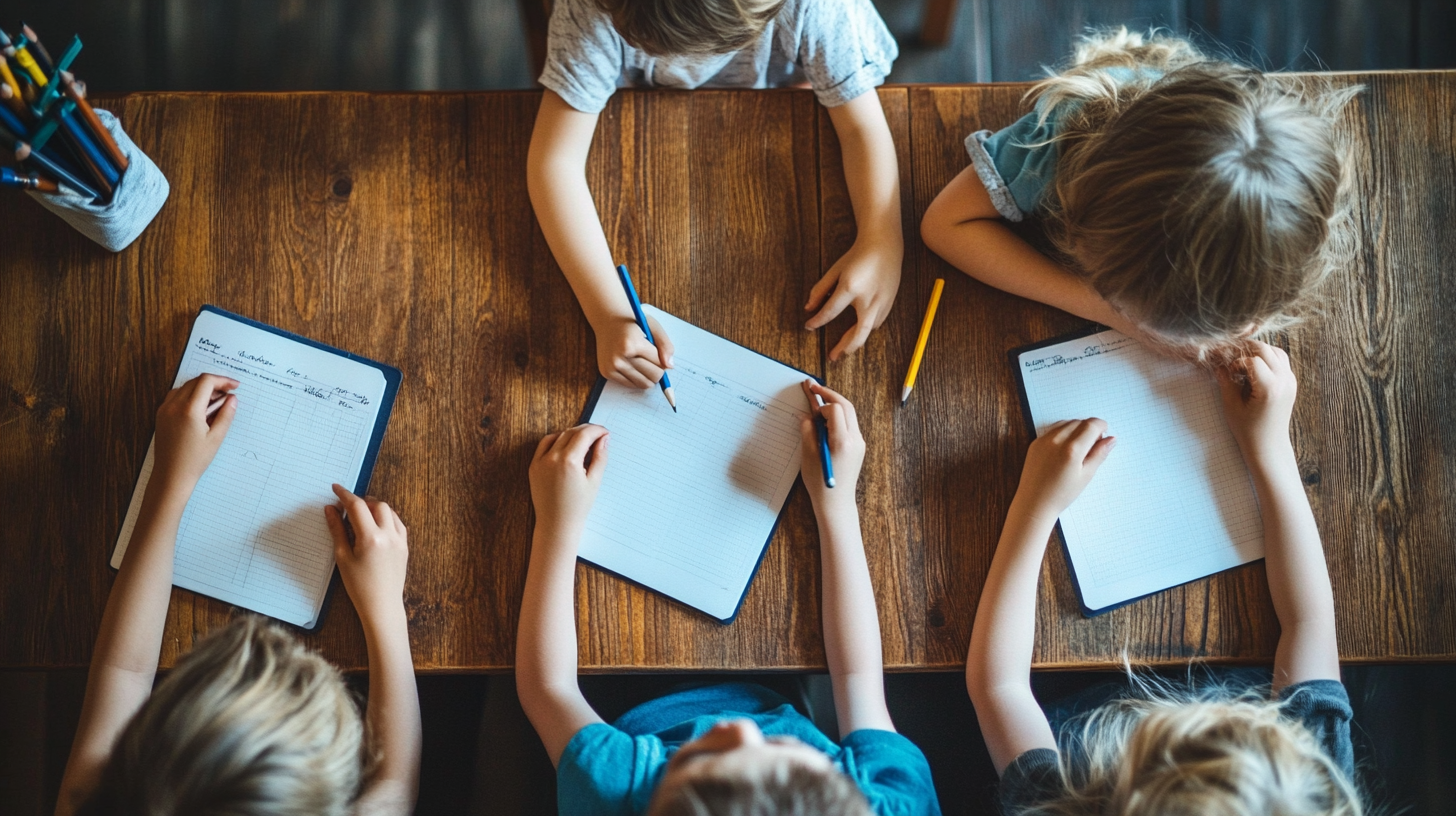 overhead view of three sets of children's hands working at a shared wooden table, each child's exercise book open in front of them, pencils being held mid sentence, soft natural light, cream paper and navy ink, no faces visible, editorial documentary photography, calm collaborative atmosphere