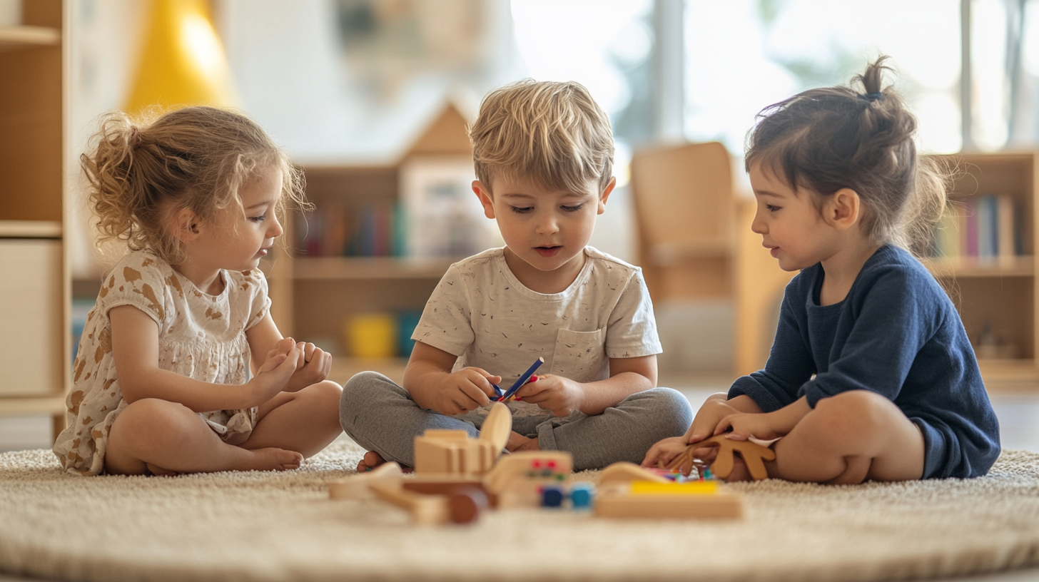 Three young children sitting together on a soft rug engaged in calm group play, suggesting the small group format of 4+ assessments.